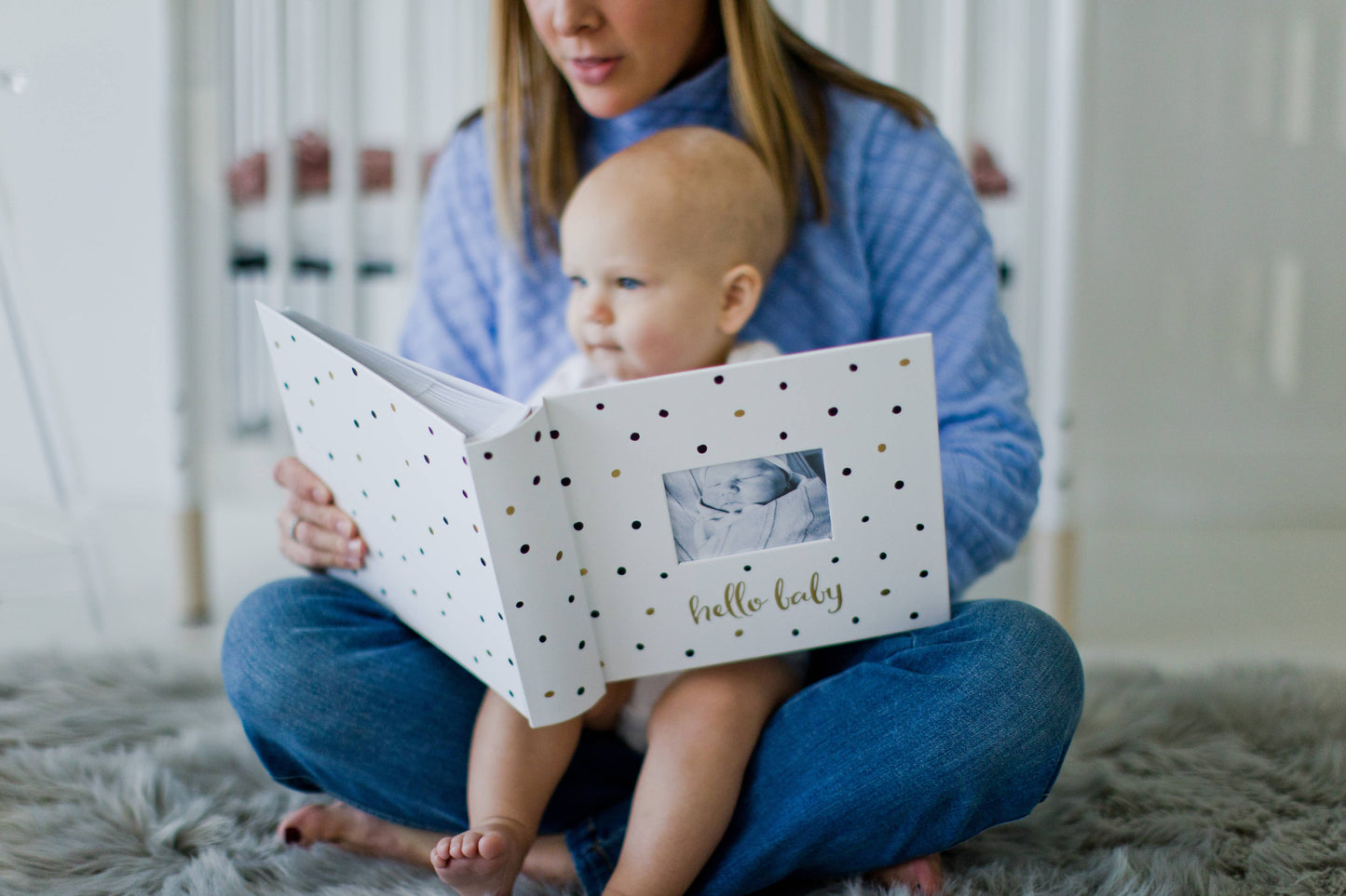 Baby Photo Album with Guided Journal Pages, White Polka Dots