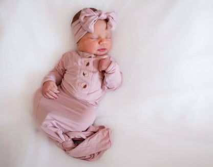 Newborn Knotted Baby Gown, Bow, and Hat Set