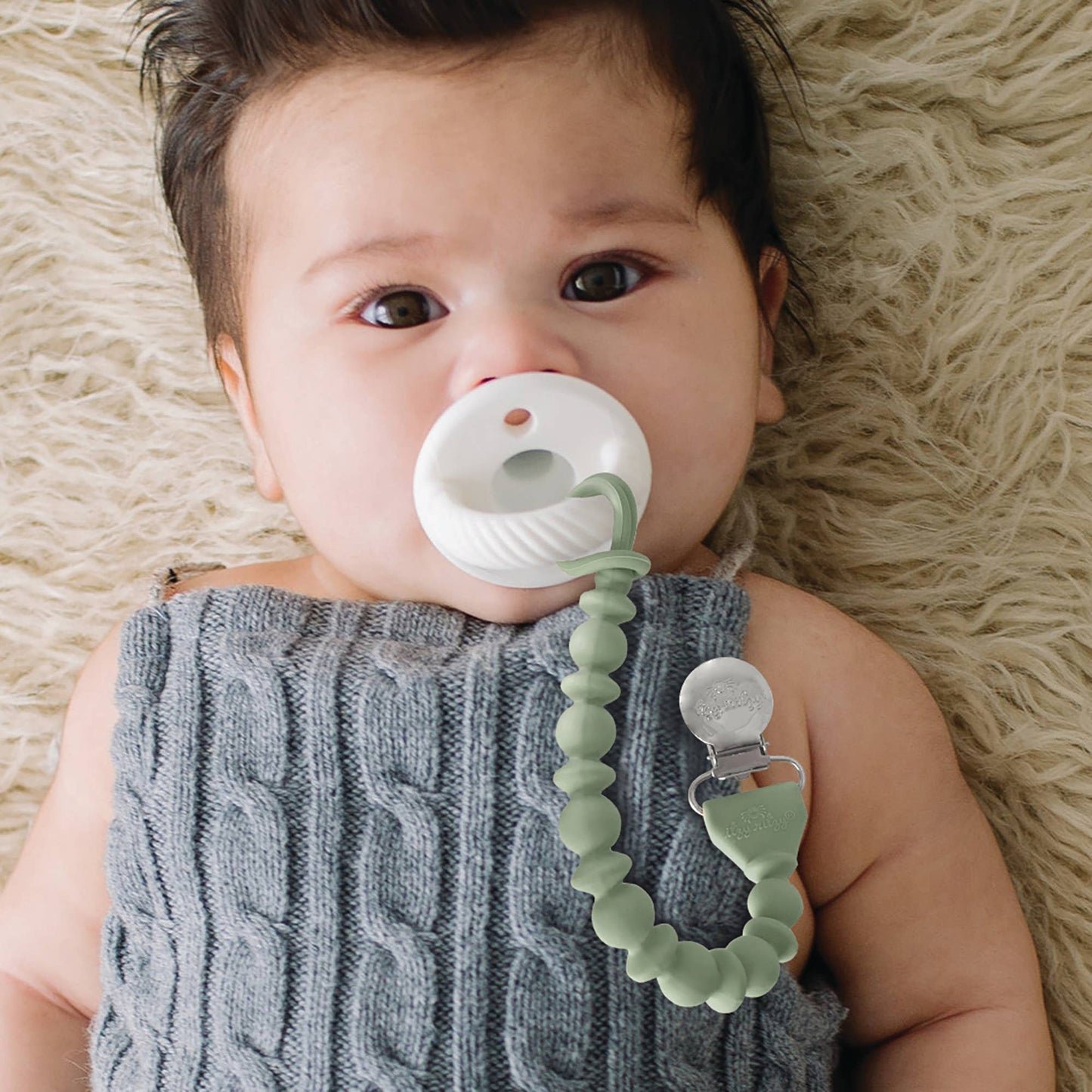 Sweetie Strap™ Silicone One-Piece Pacifier Clips: Storm Gray Beaded