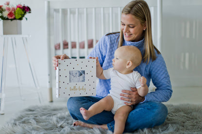 Baby Photo Album with Guided Journal Pages, White Polka Dots