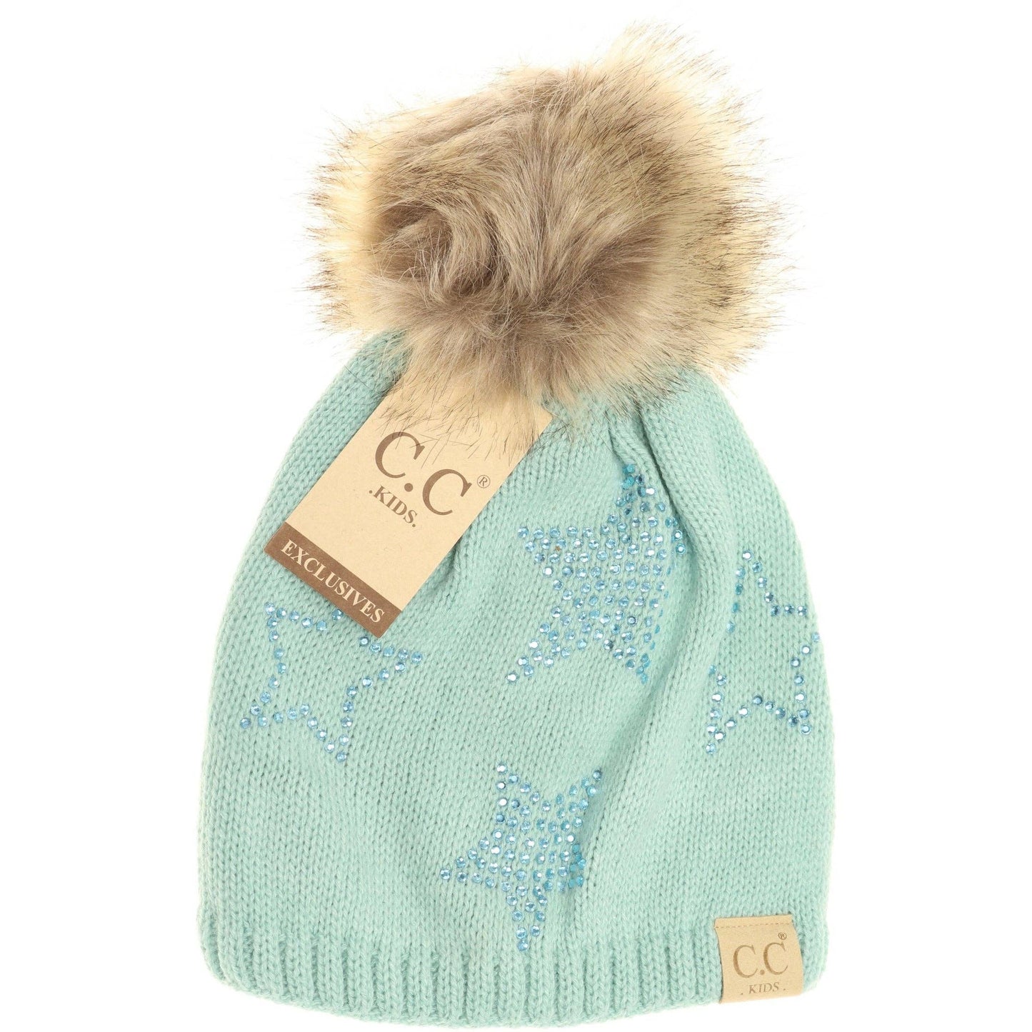 Kids Rhinestone Star Fur Pom CC Beanie