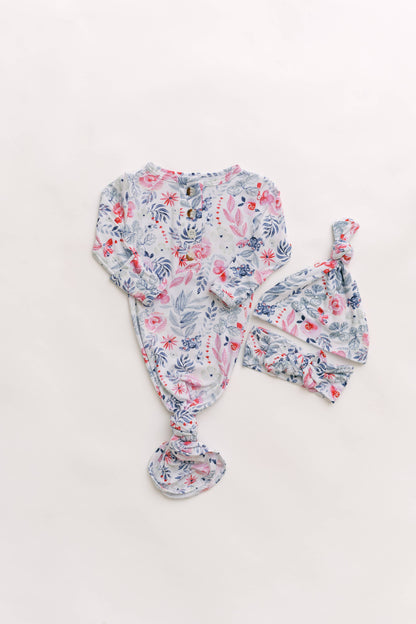 Newborn Knotted Baby Gown, Bow, and Hat Set