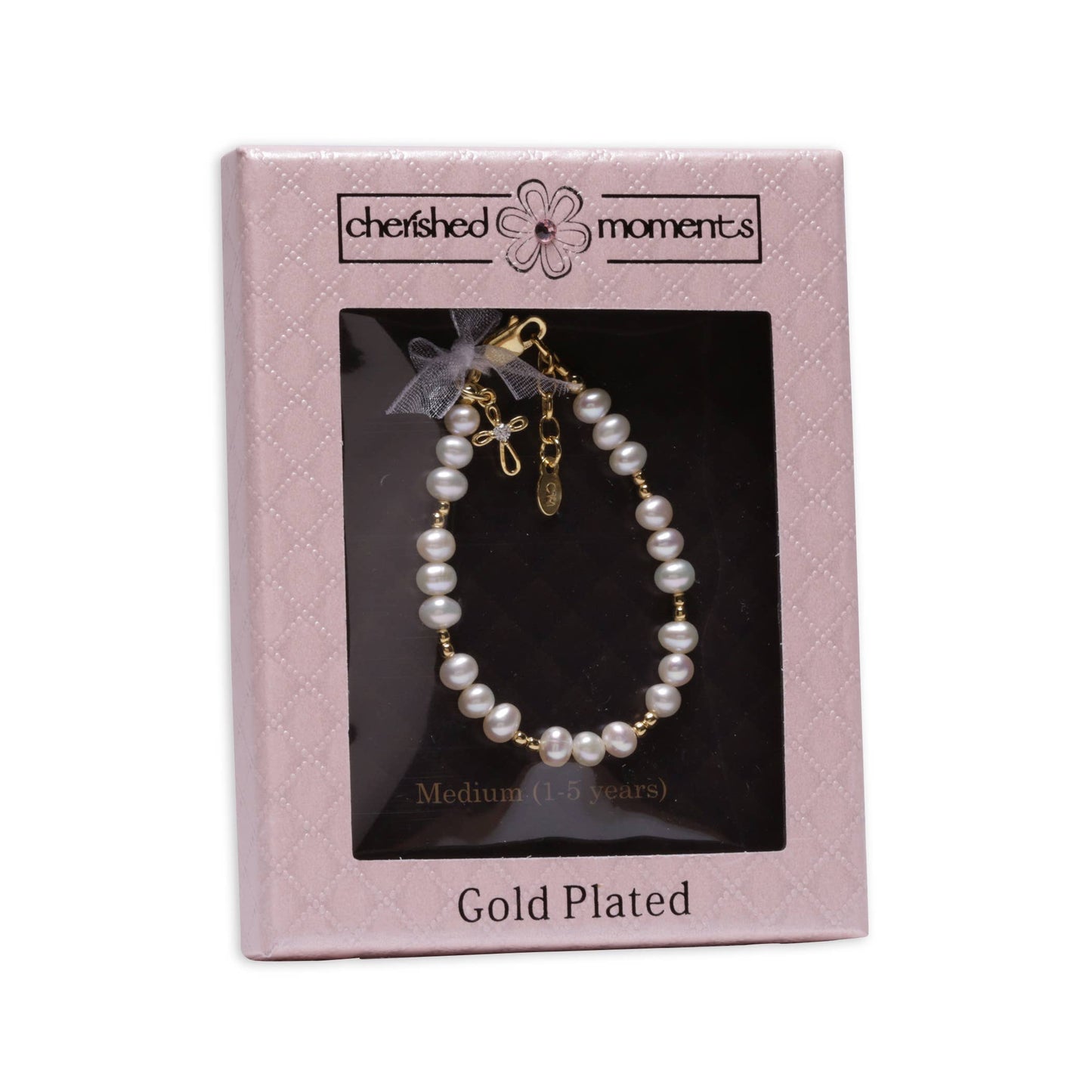 14K Gold-Plated Pink Pearl Cross Bracelet Baptism/Communion