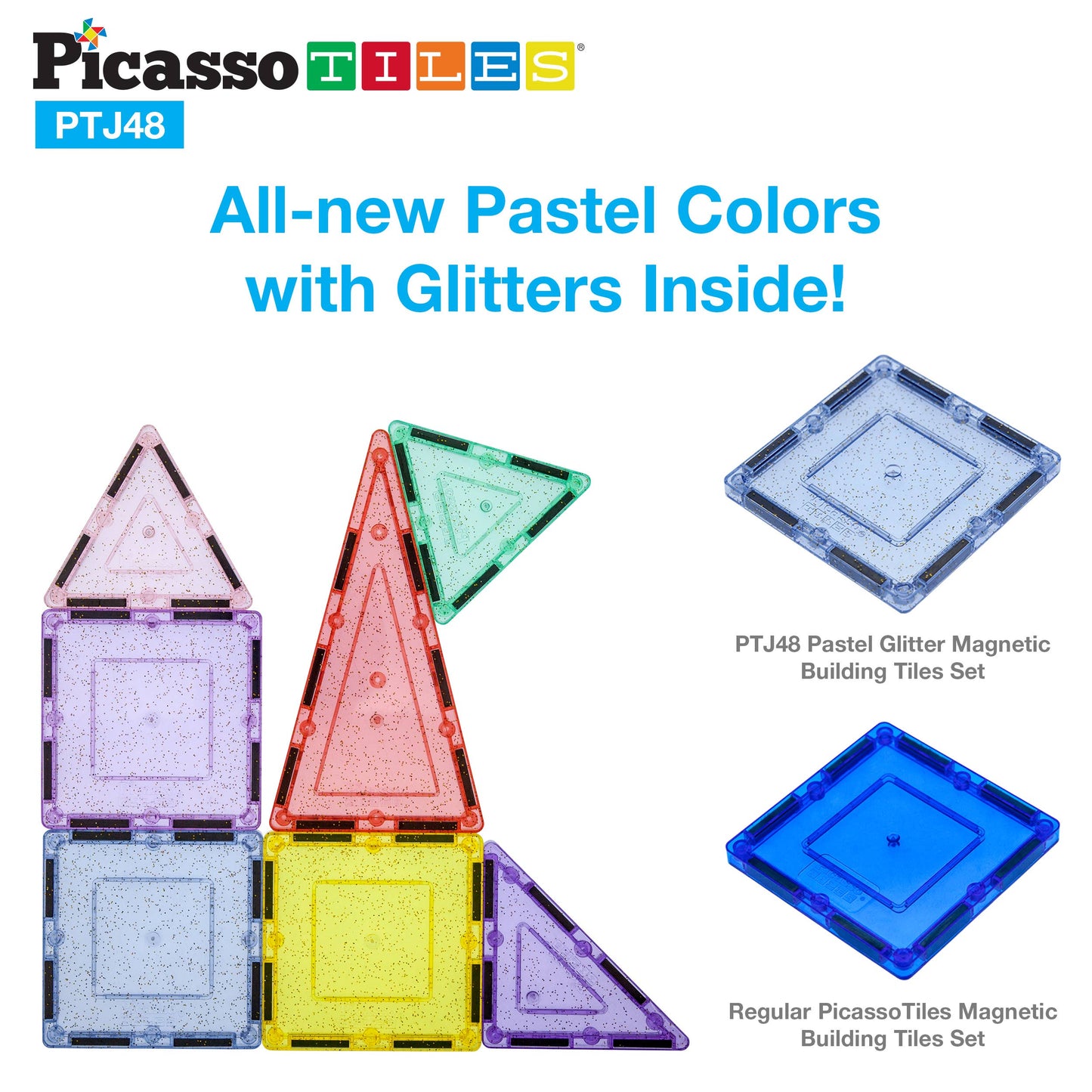PicassoTiles 48pc Glitter Magnetic Tile Building Set