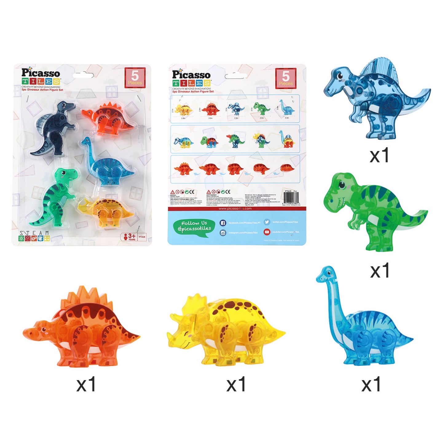 PicassoTiles 5pc Dinosaur Action Figure Toy Set - Kids