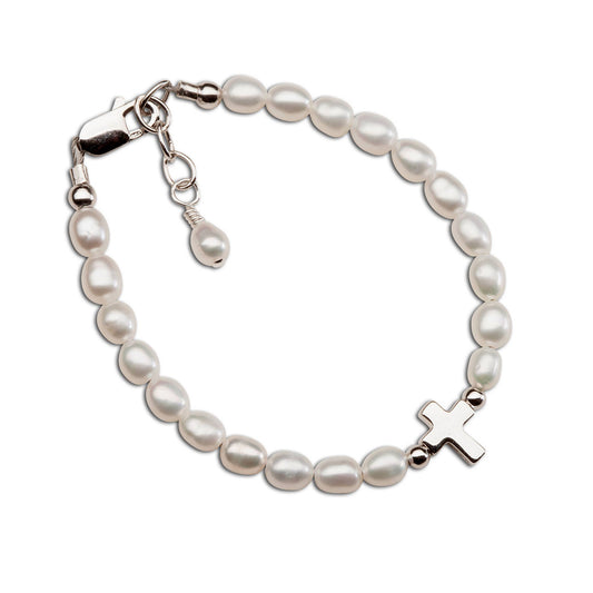 Girls Sterling Silver Pearl and Cross Baby Bracelet Kids