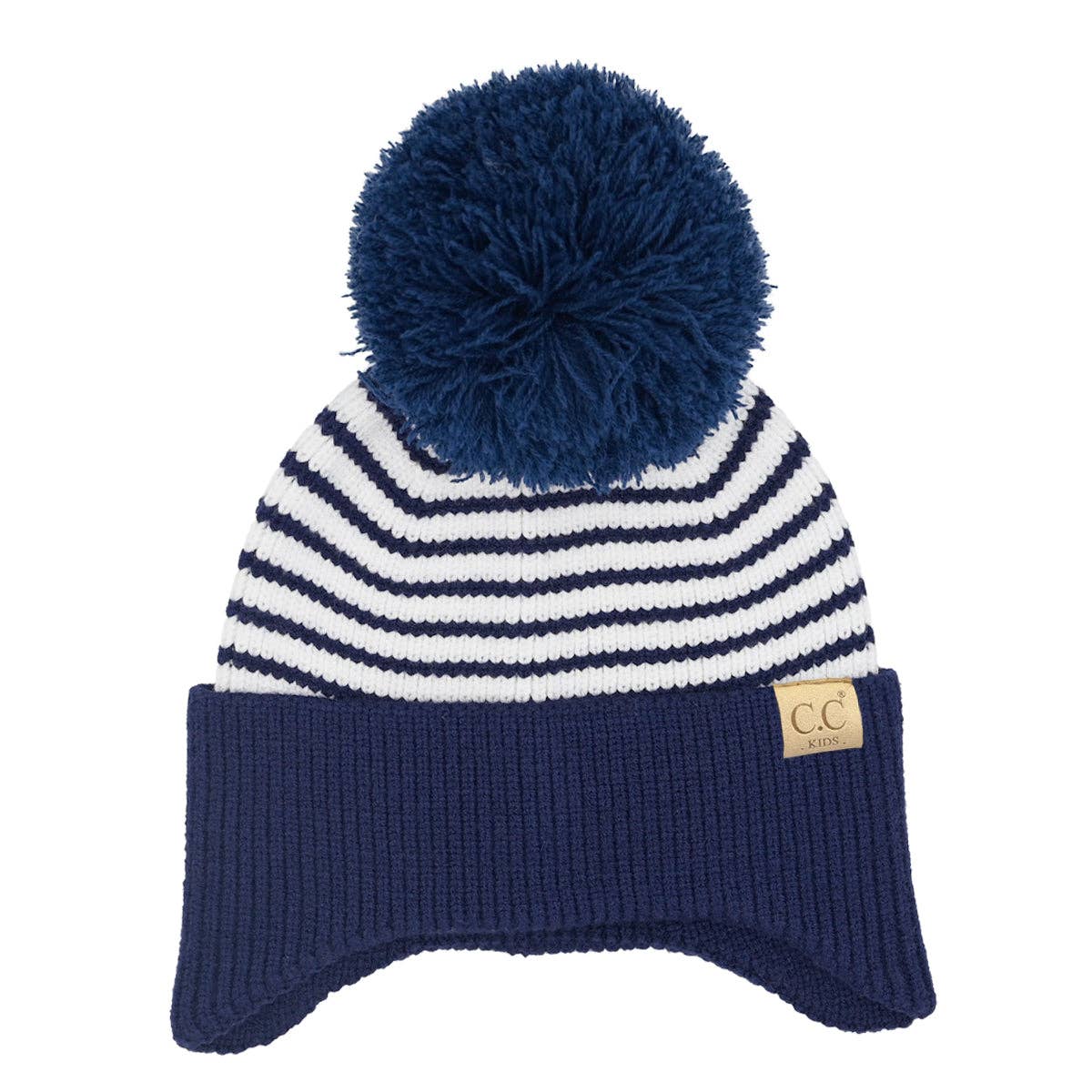 KIDS Stripe Earflap Yarn C.C Pom Beanie