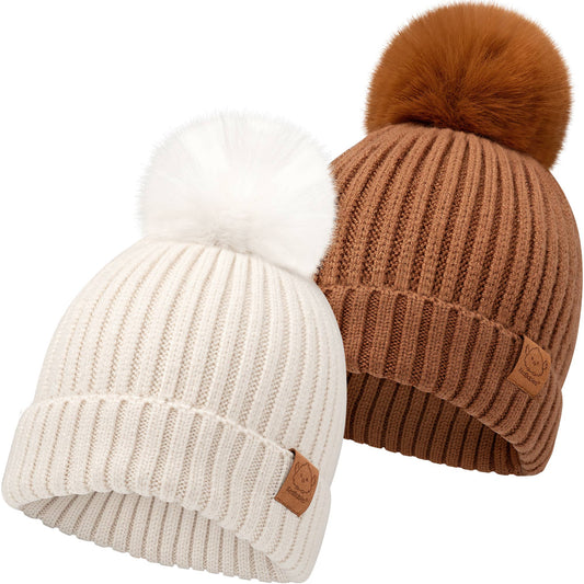 KeaBabies 2-Pack Pom Knitted Beanie: Rust