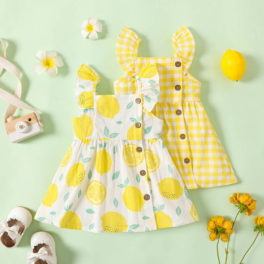 Baby Girl Gingham or Allover Lemon Button Dress