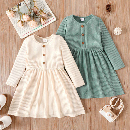 Toddler Girl Solid Button Long-sleeve Dress