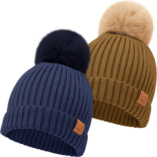 KeaBabies 2-Pack Pom Knitted Beanie: Fawn