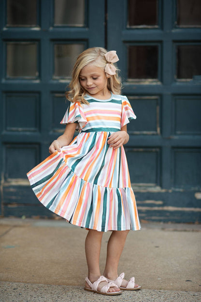 Kids Boho Rainbow Stripe Spring Easter Flutter Sleeve Dress