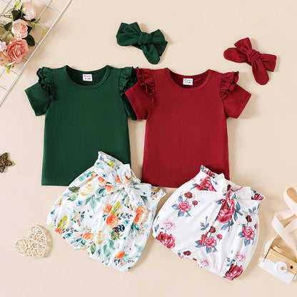 3pcs Baby Girl Solid Cotton Short-sleeve Floral Set