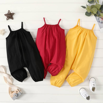 100% Cotton Baby Girl Sleeveless Spaghetti Pants Overalls